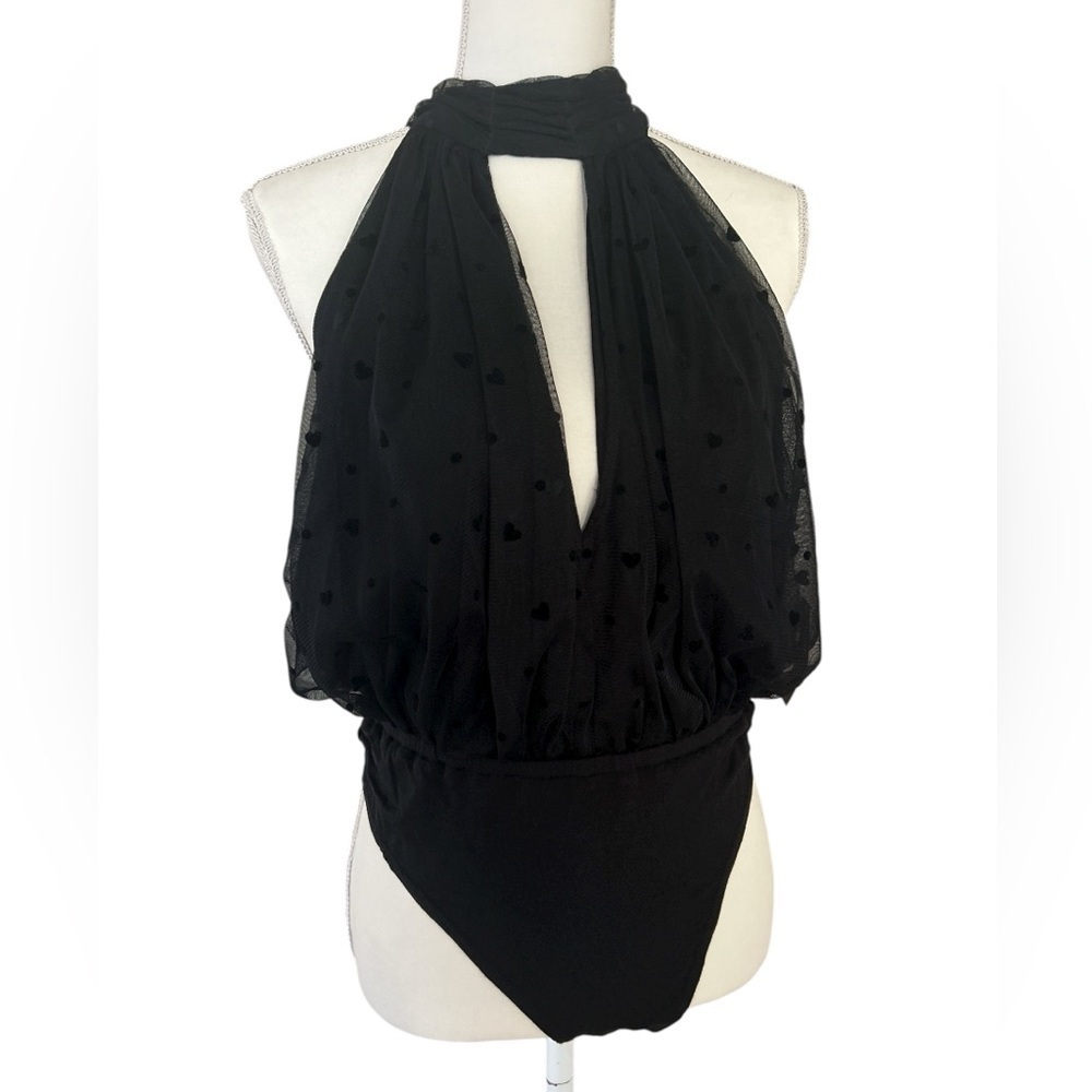Anthropologie Black Sheer Halter Neck Bodysuit With Hearts Size LP - Picture 2 of 12
